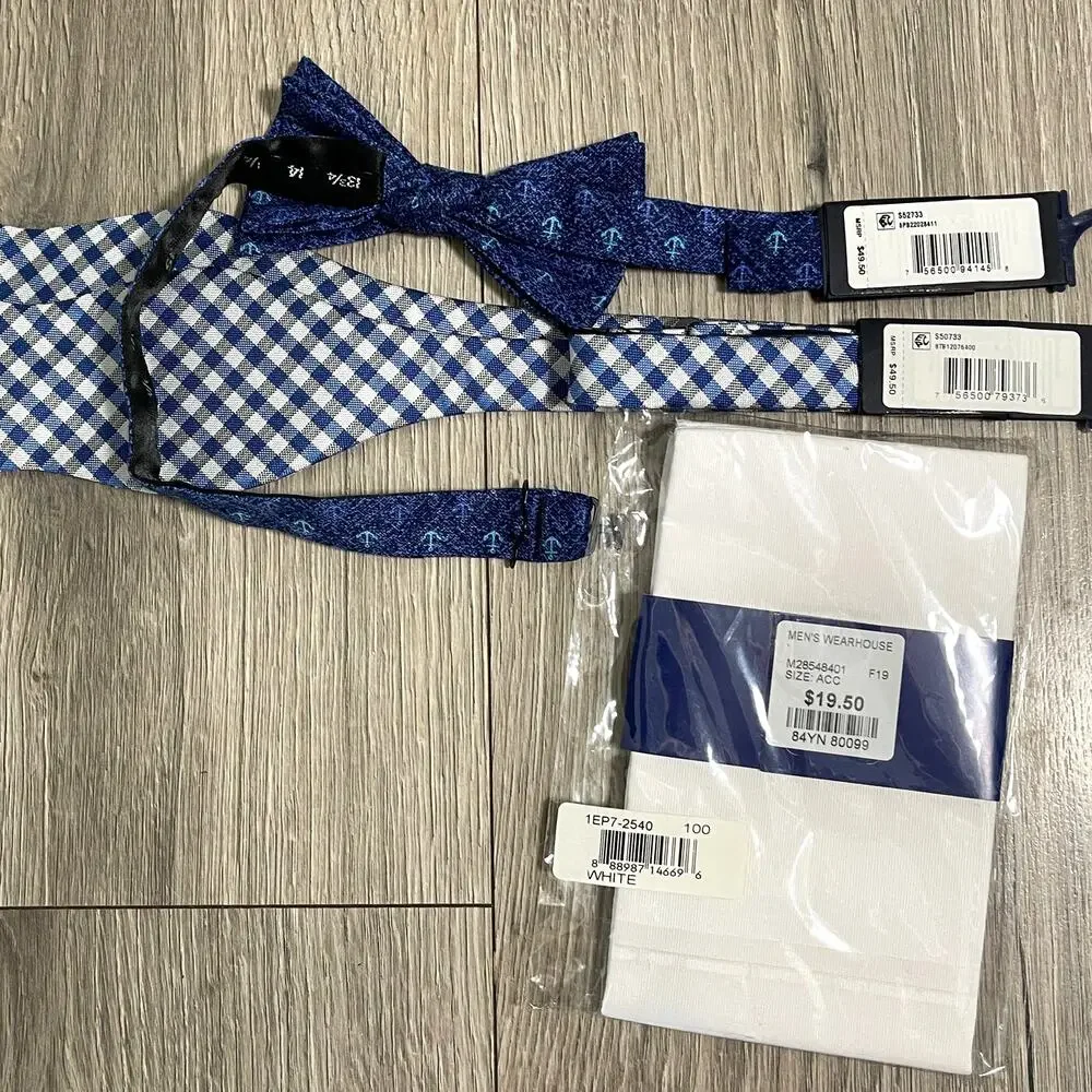 3pc 2 Tommy Hilfiger Linen Bow Ties 1 Egara Pocket Square - Blue & White - $119